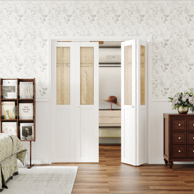 Double Rattan Folding Doors With Hardware Unfinished BiFold Interior Doors 2 Doors
