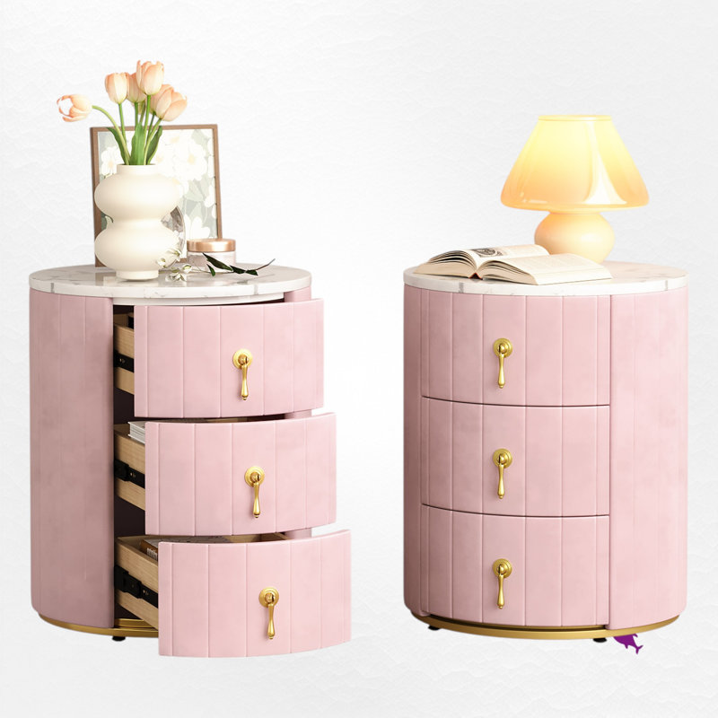 Table de chevet rembourrée à 3 tiroirs, Ensemble de 2, Rose