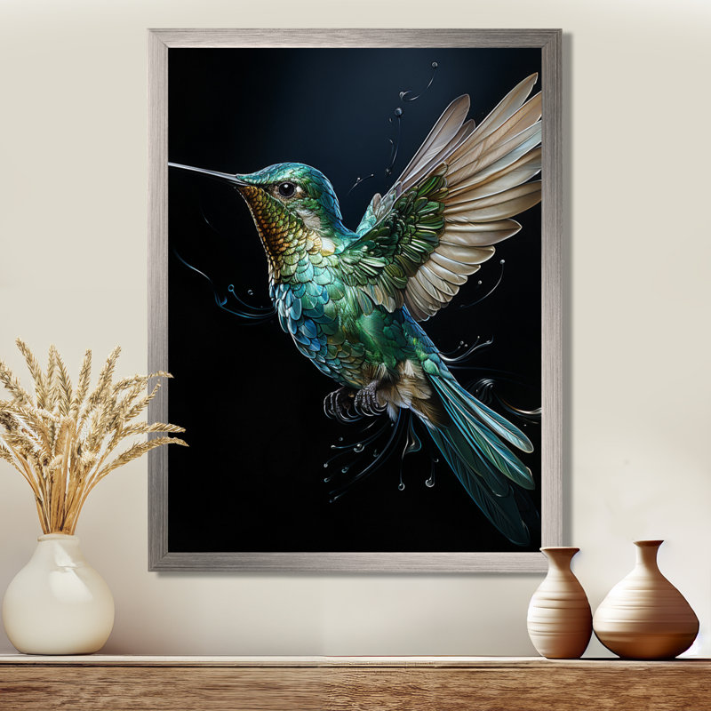 Woodleigh Teal Black Hummingbird Aérien Grace - Art mural colibri, H 32 po x l 24 po x P 1 po, Cadre simple argenté