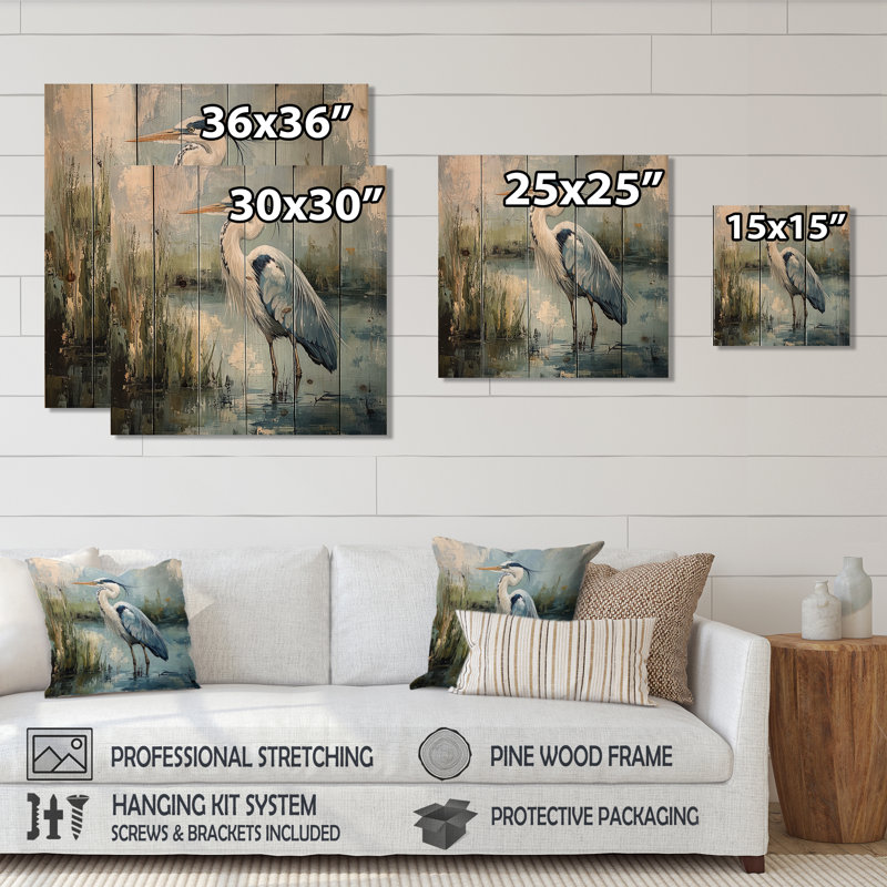 Heron At The Farm Pond I - Heron Animal Wood Wall Decor - On Natural Pine Wood, 15" H x 15" W x 0.78" D
