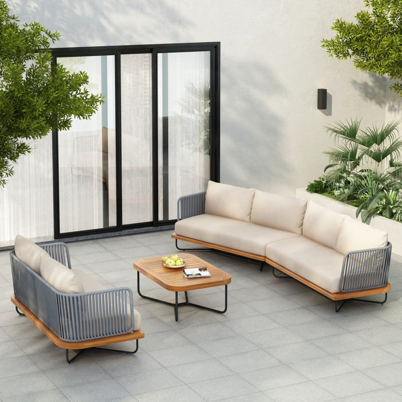 Outdoor 6 Seaters Acacia Wood And Rope Woven Paito Conversation Se With Coffee Table, Beige
