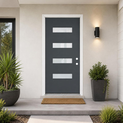 36"x80" Fiberglass Entry Door,White Vinyl Frame,Left Hand Inswing,Modern Exterior Front Door,Frosted Glass,4-9/16" Jamb,Mahogany Grain Finish,for Home Entrance,Light Gray