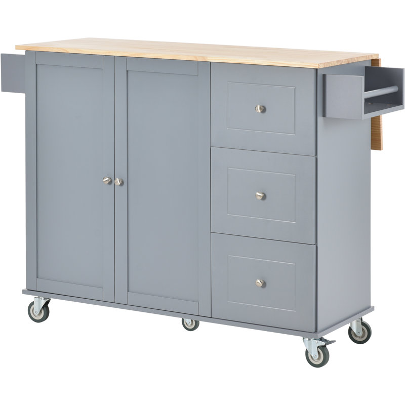 Îlot de cuisine mobile avec plateau en bois massif et roulettes verrouillables, largeur de 52,7 po, armoire de rangement et barre de petit-déjeuner à abattants, porte-épices, porte-serviettes et tiroir (gris-bleu)