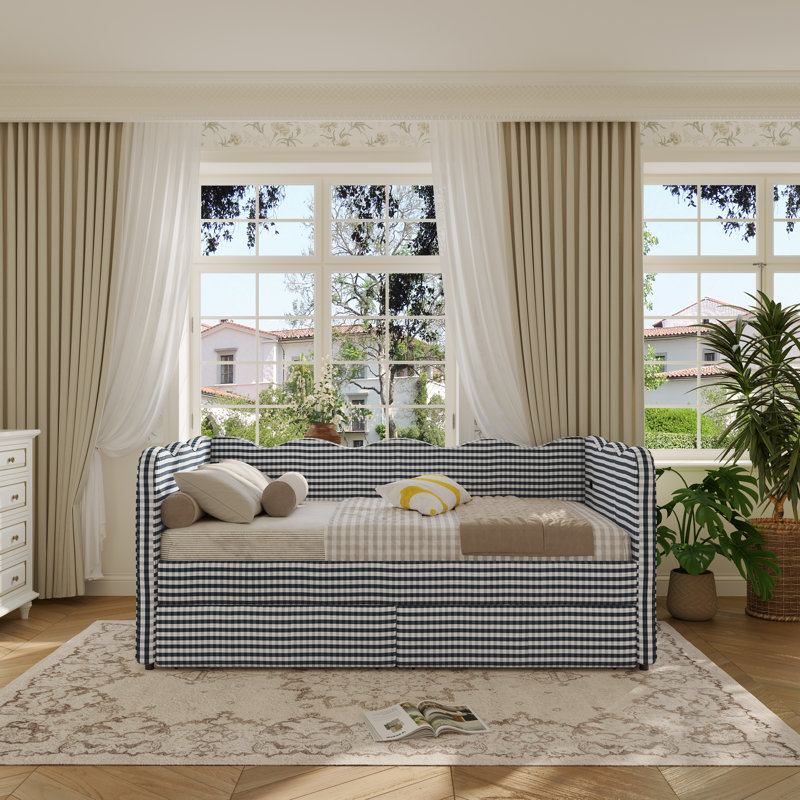 Gingham Daybed With 2 Storage Drawers And Usb Port, Wave-shaped Design, Navy, Twin