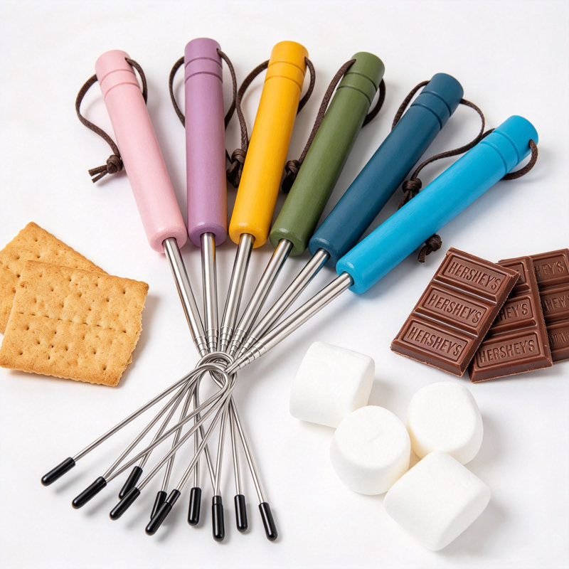 6 bâtonnets à rôtir de couleur guimauve aux couleurs bohémiennes, acier inoxydable extensible avec poignées en bois massif, bâtonnets Smore pour foyer