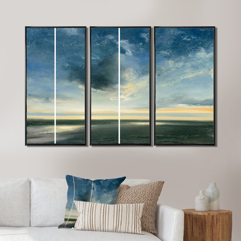 «Blue Coastal Sunrise», ensemble d'art mural sur toile encadré traditionnel de 3, H 28 po x l 36 po x P 1 po, Noir
