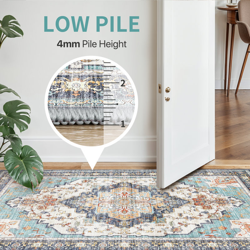Oriental Area Rug, Vintage Low Pile Non-Slip Machine Washable Area Rug, Cyan, Runner 80 x 300 cm