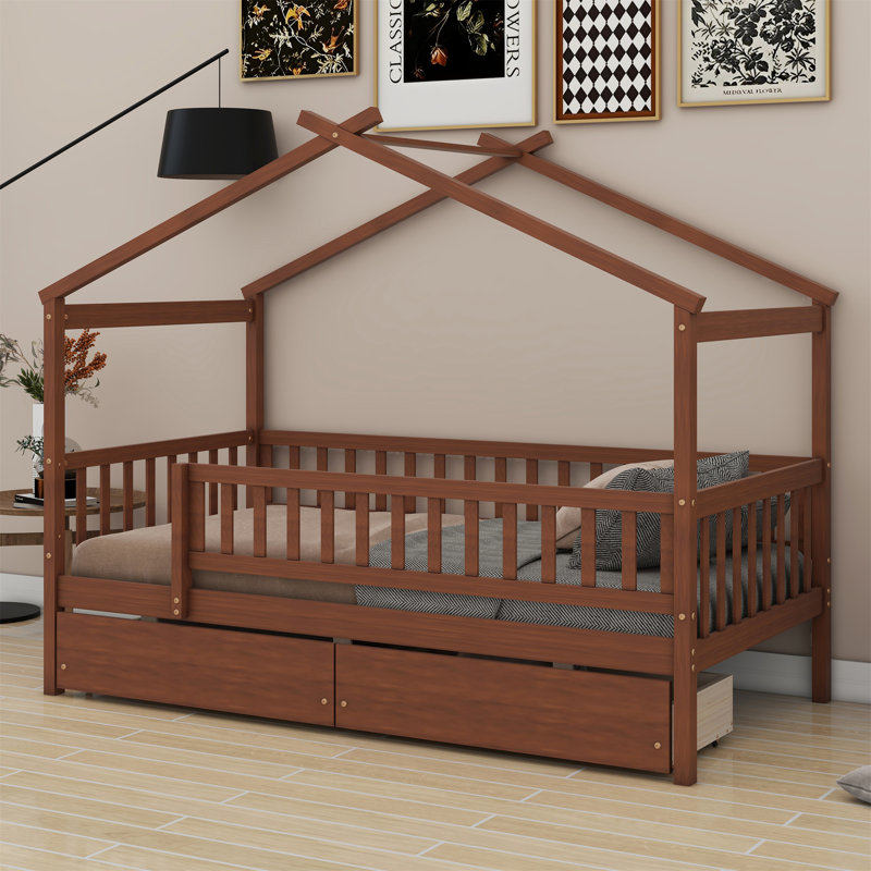 Wooden House Bed With Two Drawers, Walnut