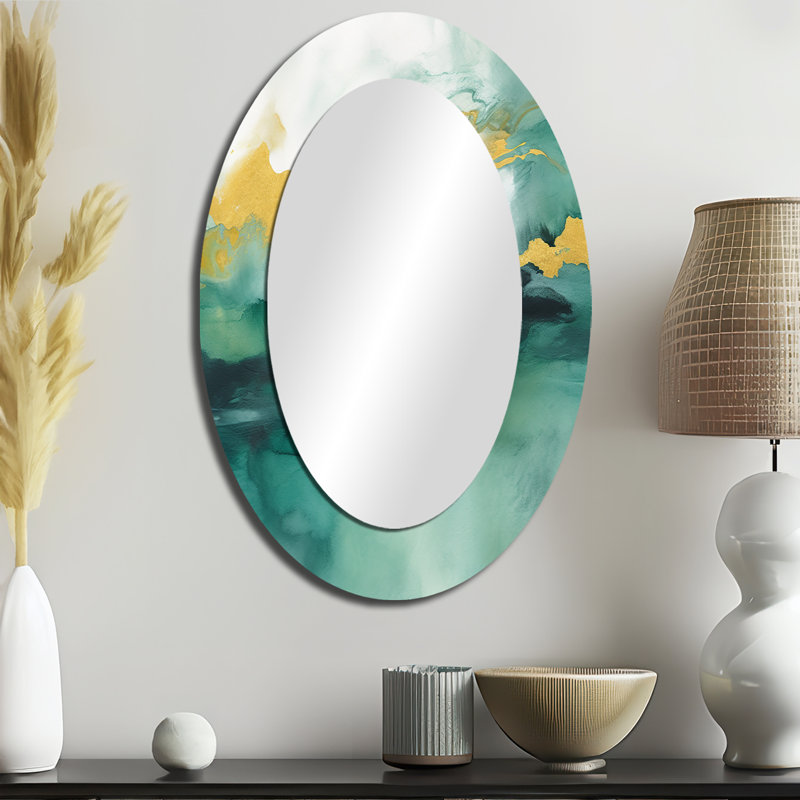 Blue Watercolor Impression With Gold III - Blue Oval Wall Mirror Decor, 36" x 24"