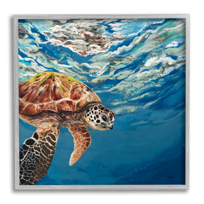 Sea Turtle Swimming Distant Surface Ocean Water Waves by Stacy Gresell - Floater Frame Painting on Canvas