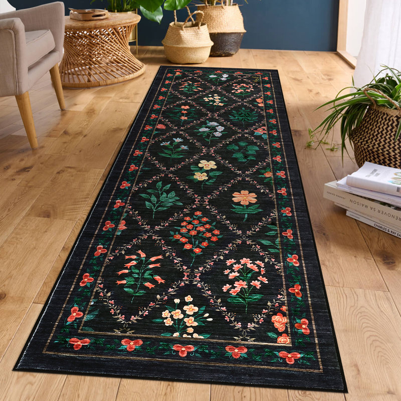 Rugs for Living RoomMachine Washable Area Rugs Non-SlipVintage Floral Rug Bedroom Rug for Dorm Playroom Foyer Entryway, Black
