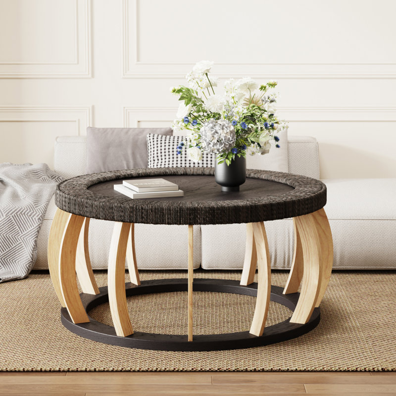 Table basse ronde ronde en bois massif de 35,43 po avec pieds courbés et table d'appoint Boho pour la salle à manger, la cuisine et le salon