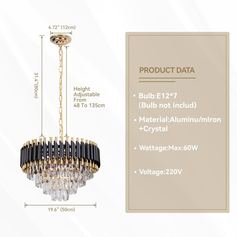 Plafonnier encastré Modern Crystal Chandelier, Noir mat / Or
