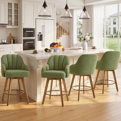 Tabouret de bar pivotant rembourré 27 ", ensemble de 4, avec pieds en bois d'hévéa massif, siège pivotant à 360 ° et dossier en coquille capitonné