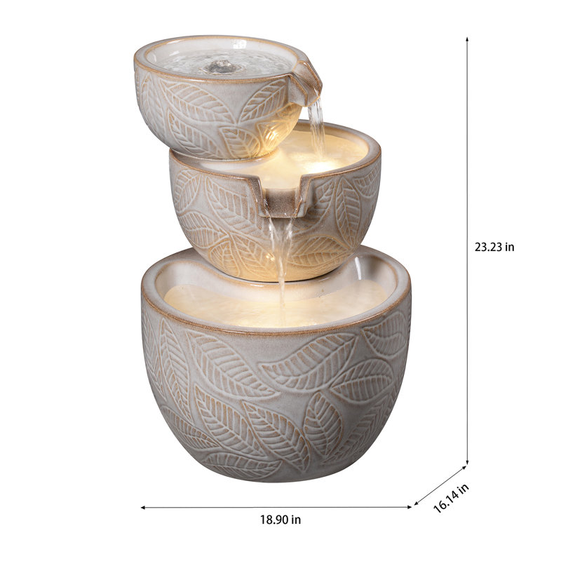 Ivory Ceramic 3-Tier Leaf Bowl Fountain, Decorative Water Fountain with LED Lights and Quiet Pump, Indoor Outdoor Water Feature for Patio, Garden, Deck, Balcony, Office and Home Décor, Relaxing Cascading Water Design
