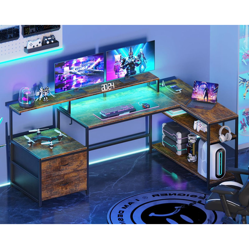 Bureau d'ordinateur en L avec tiroirs de classement, bureau de jeu avec lumières à DEL et prises de courant, bureau réversible avec tablettes blanc