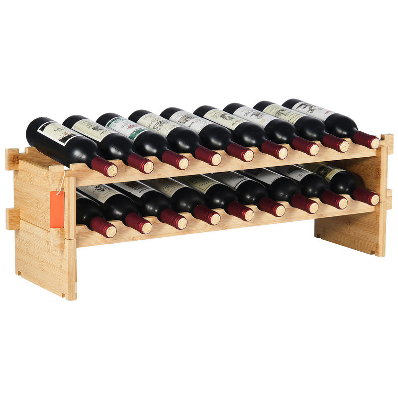 18 Bottle Stackable Bamboo Wine Rack, 2-Tier Modular Storage Display Shelf for Kitchen & Bar