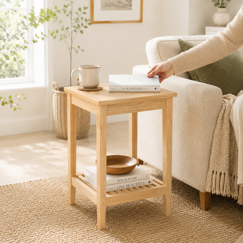 Table de bout à 2 niveaux de 19 po avec tablette de rangement inférieure et finition grain de bois naturel