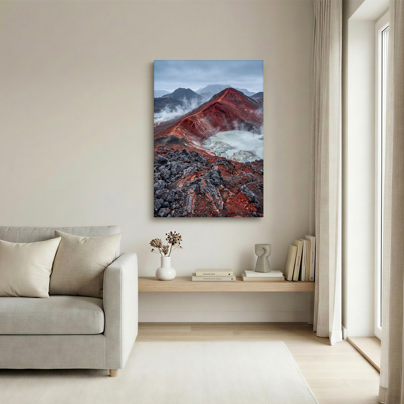 «Red and Black Volcanic Landscape with Turquoise Steam Lake», art mural sur toile, 18"H x 12"W