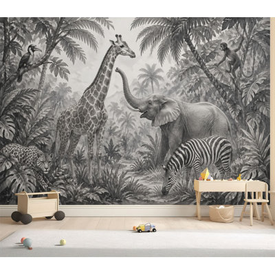Wall Mural Peel and Stick Wallpaper Monochrome Jungle Elephant Giraffe Zebra Leopard Self-Adhesive Removable Contact Paper Wall Decor for Living Room Bedroom 69"H x 96"W