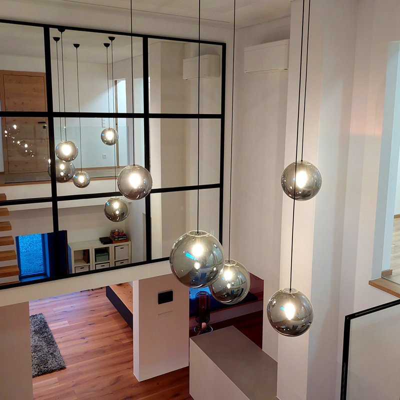 Orb glass globe gallery light 5m suspension, Chrome/Amber