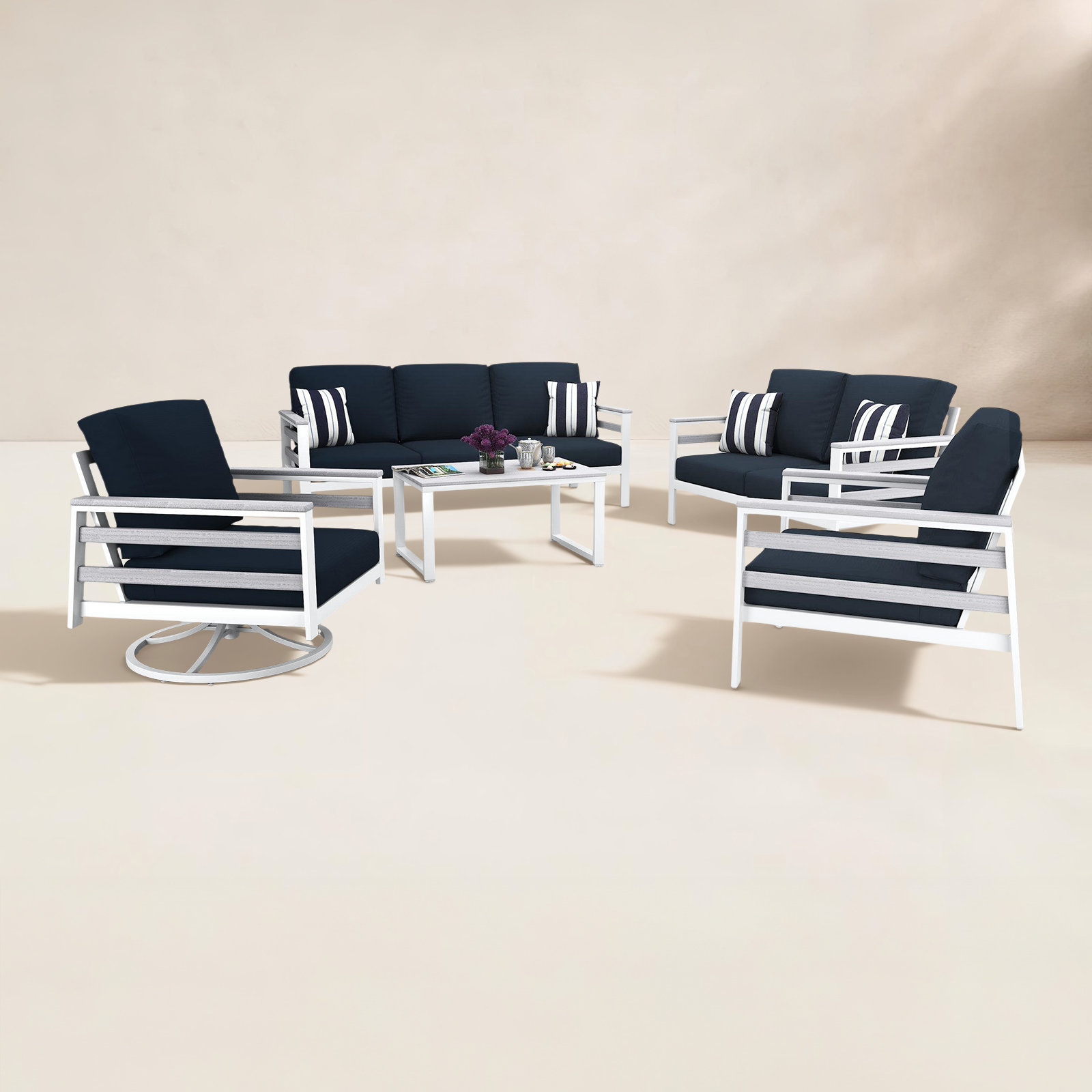 Townsend 7-Person Sunbrella® Patio Seating Group, Canvas Navy, White