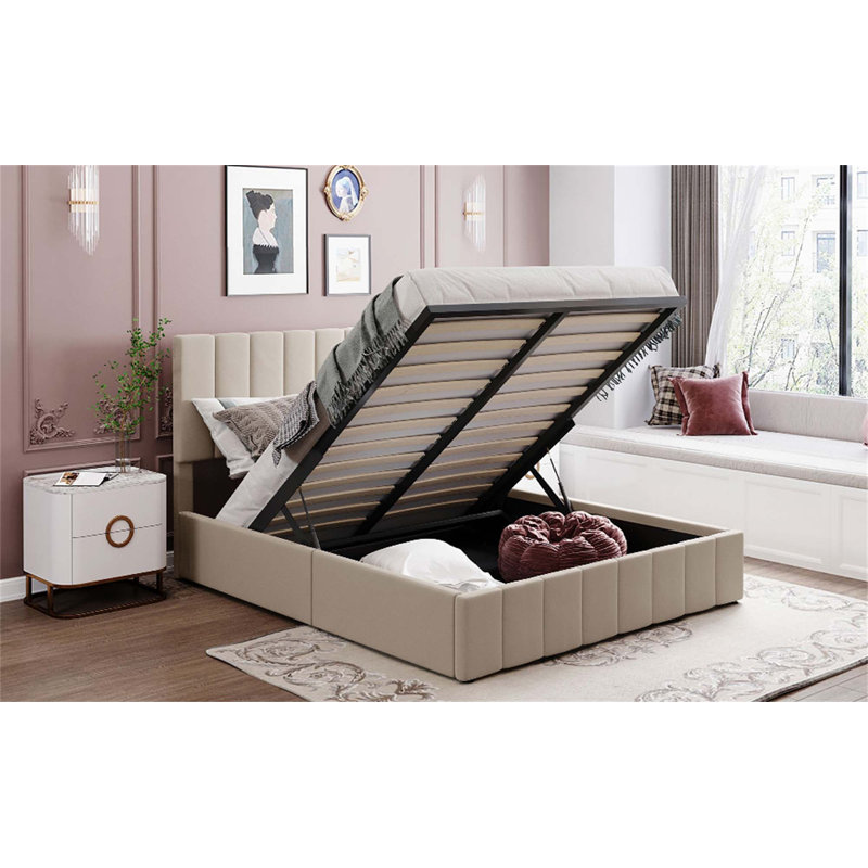 Full Size Upholstered Platform Bed With A Hydraulic Storage System, Beige, Queen