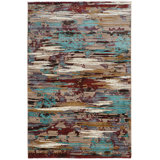 Crittenden Modern Abstract Gold and Teal Area Rug with Short Fringe