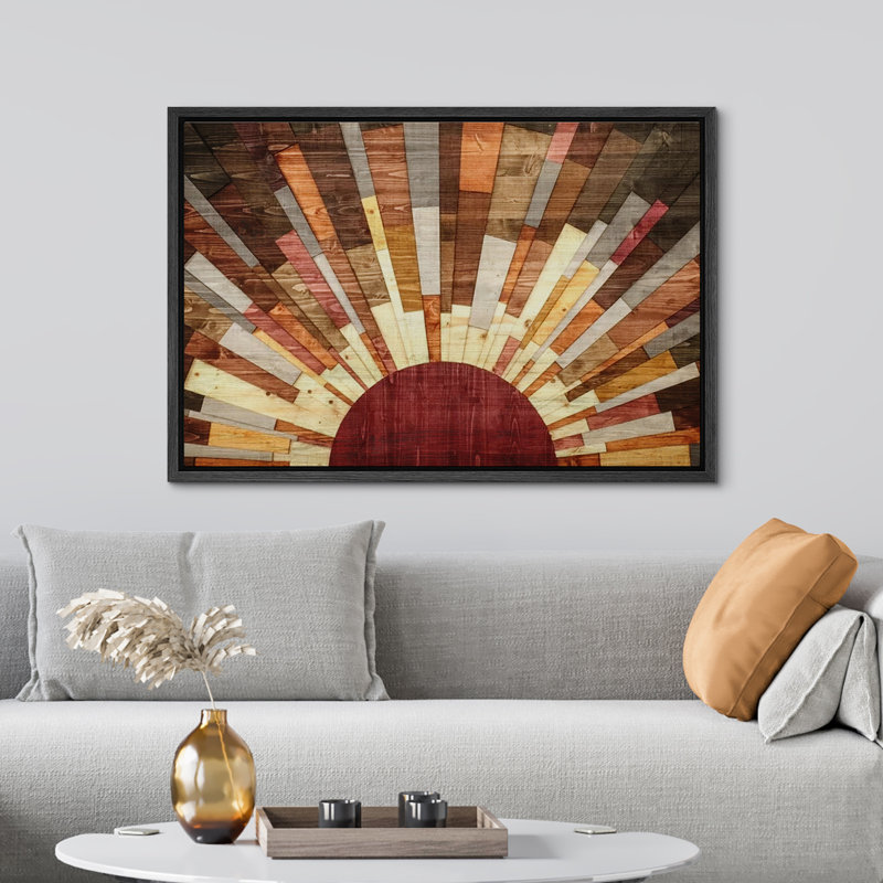«Western Wood Effect Landscape Brown Sun Rays», impression rustique sur toile encadrée, H 24 po x l 36 po, Noir