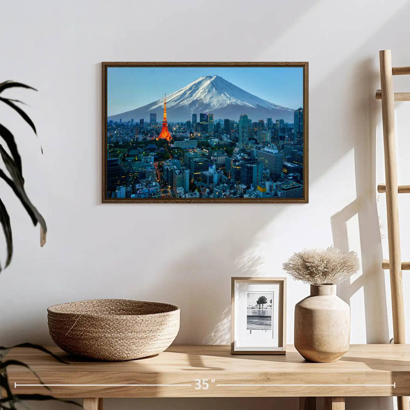 Mont Fuji, paysage urbain de Tokyo, 19 po x 13 po, Cadre flottant noyer