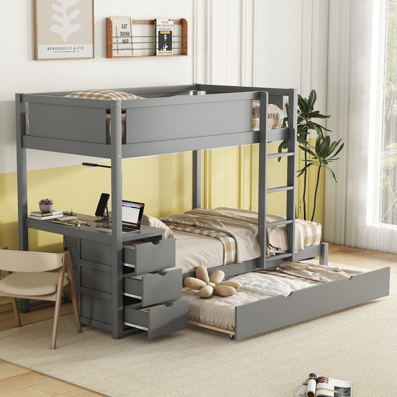 Lit superposé avec lit gigogne, rangement et bureau, Simple sur simple, Gris