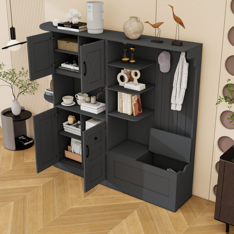 Armoire d'entrée avec tablettes et 4 crochets, Noir