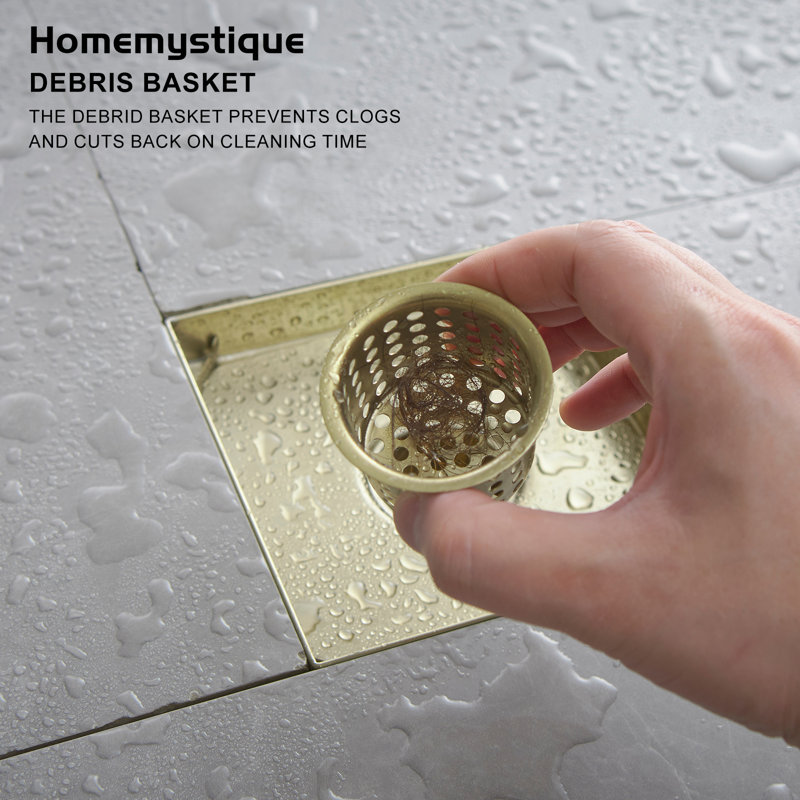 6 In. Square Stainless Steel Shower Drain With Slot Pattern Drain Cover With Removable Grille Cover In Black, Brushed Gold