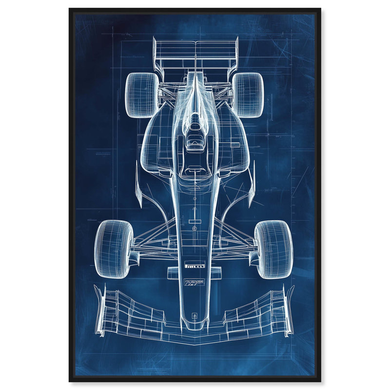 «Race Car Blueprint» par Art Remedy, Noir, H 16 po x l 11 po, Cadre flottant