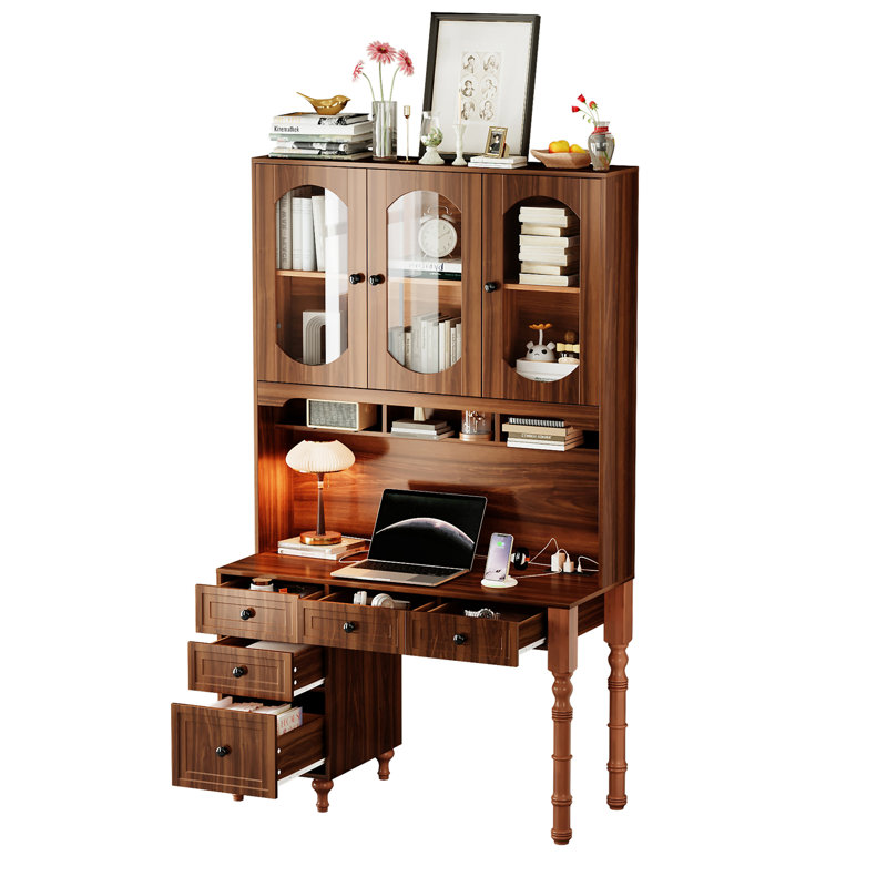 Bureau rétro 47 po avec ports de charge et armoire à huche (tabourets non inclus)