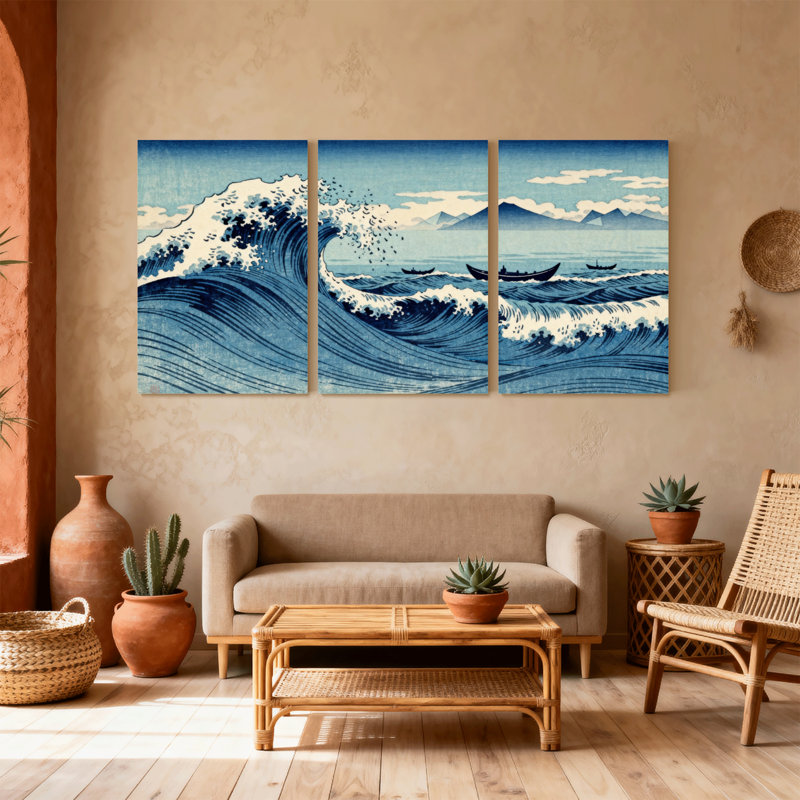 Grande vague de Kanagawa, ensemble de 3 reproductions d'art sur toile, H 24 po x l 48 po