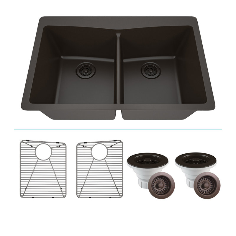 33" x 22"  Quartz Kitchen Sink, Lexicon Platinum Double Bowl Sink, Drop-in Sink, Undermount Sink, Granite Kitchen Sink, with 2 Steel Grids and Basket Strainer, Disposal Flange
