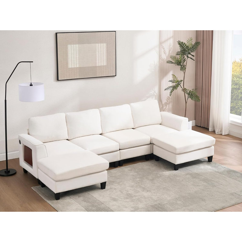 Canapé modulaire modulaire avec table d'appoint pliable / port USB pour appartement, Lin blanc