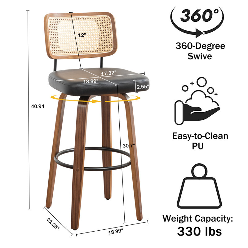 Cane Back Swivel Bar Stool with Faux Leather Seat, Bar Stool (30.7'' Seat Height), Black