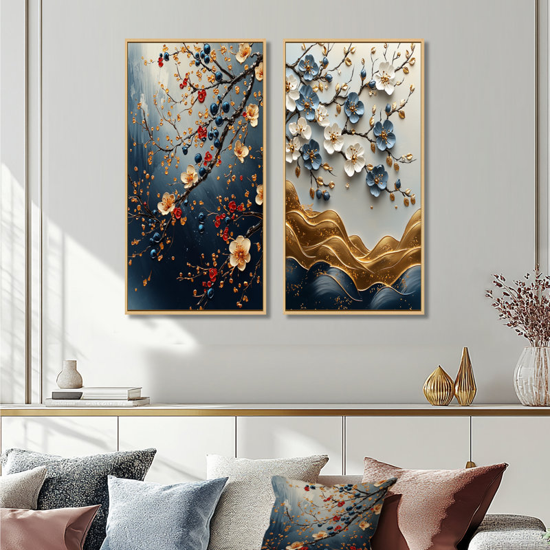 «Blue Cherry Blossom Branches I» - ensemble d'art mural 2 pièces, H 32 po x l 32 po, Impression encadrée, Érable