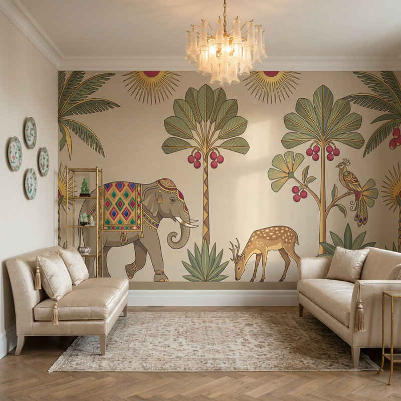 Papier peint décoratif éléphant sur fond beige, 160 po x 108 po, Non tissé