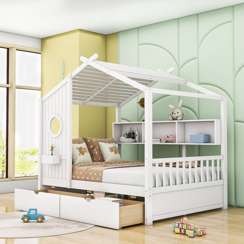 Wood Daybed with 2 Drawers and Shelves, White, Full / Double