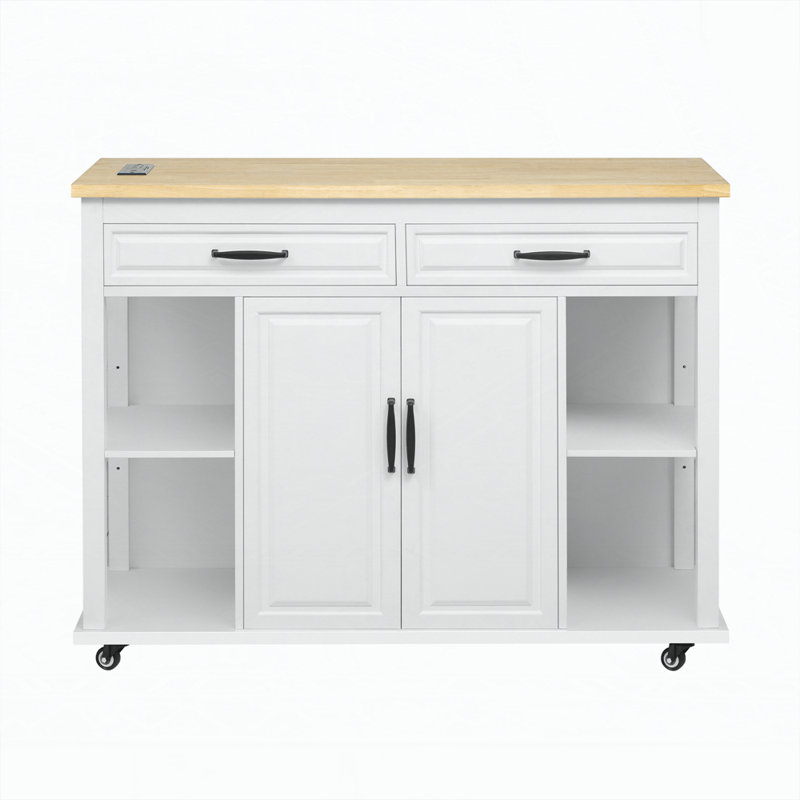 47 inch Kitchen Island with Extendable Dining Table, Rubber Wood Veneer Kitchen Table with Internal Storage Rack, Power Outlet, Kitchen island with Storage 2 Drawers 2 Cabinet