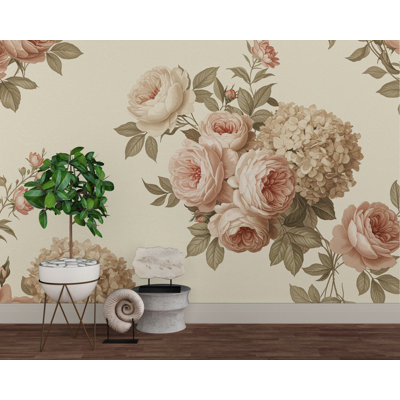 Papier peint floral rétro - Grande pivoine et rose, poussiéreux, beige et rose | Art mural romantique romantique, style antique du 19e siècle (Peel-N-Stick) 996DRS