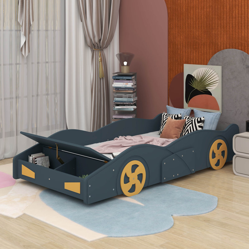 A Racing Car-Inspired Platform Bed With Built-In Wheels And Storage Compartments, Twin, Dark Blue/Yellow
