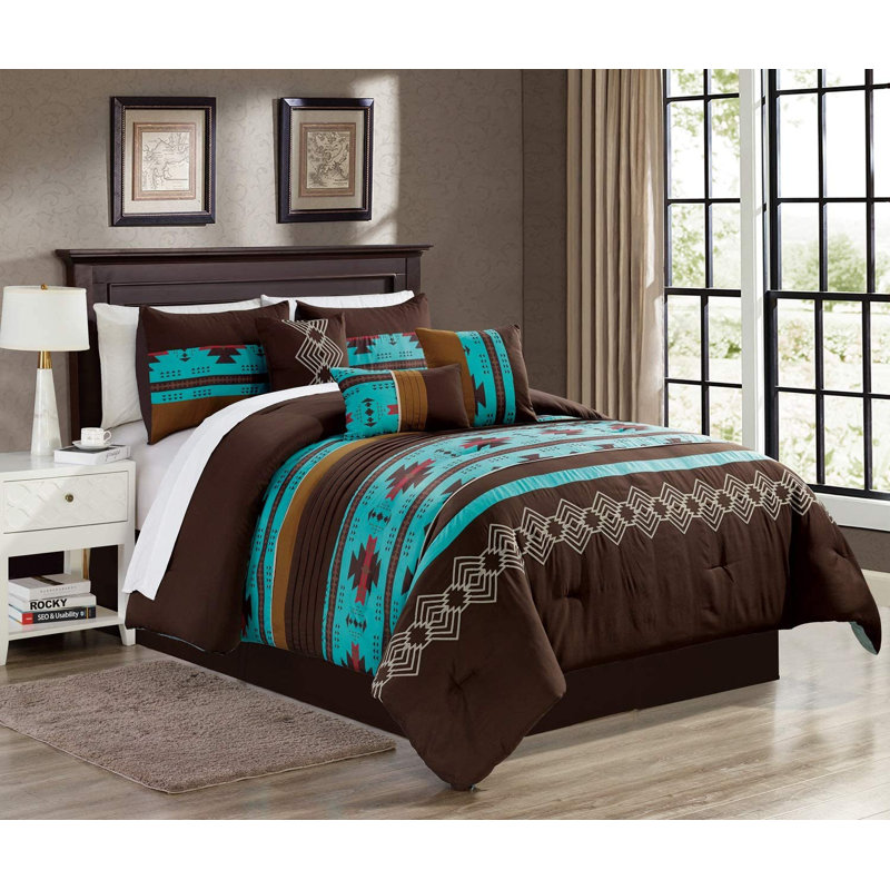 Polyester Ring Stitch Geometric Shapes Comforter, King Comforter + 6 Additional Pieces, Teal