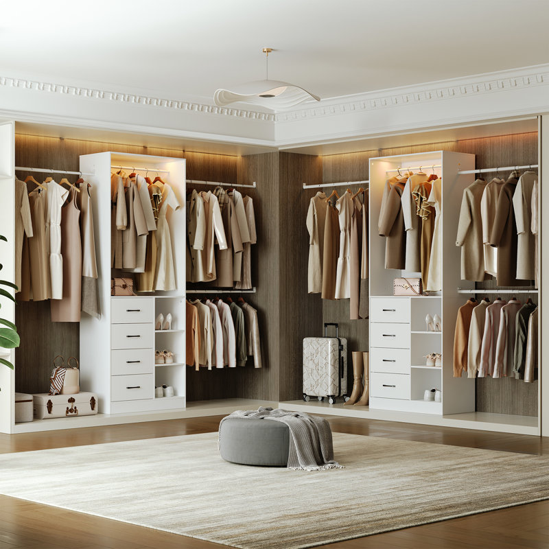 Système d'organisation l 29,5 po à 110,7 po avec tiroirs en bois et 3 tablettes, système d'organisation de garde-robe avec bande lumineuse à DEL, 4 tiroirs et 4 compartiments ouverts pour le garde-robe