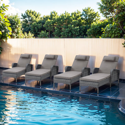 Dahlyla Outdoor Wicker All Weather Chaise Reclining Lounges with Cushions (Set of 4)