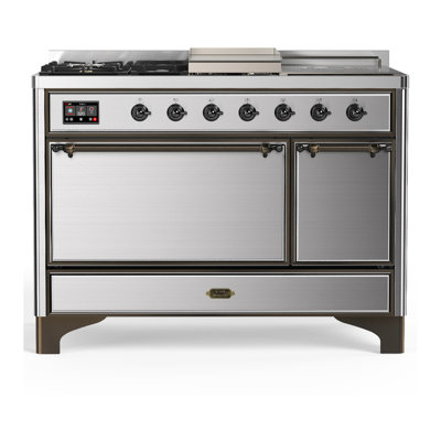 Cuisinière à double combustible de 48 pouces avec 5 brûleurs scellés, plaque chauffante et plaque française en acier inoxydable Majestic III Series (gaz naturel, garniture brunie)