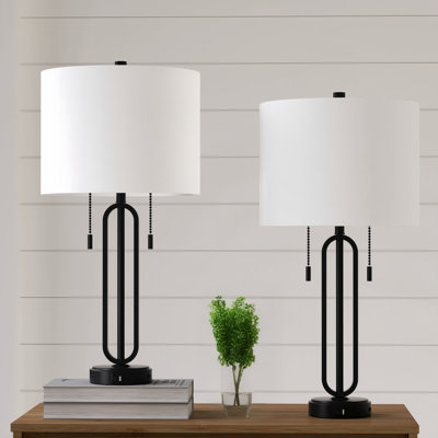 26.5" Iron Table Lamp with Dual Pull Chain Switch, USB + Type-C Charging Ports, Polished or Powder Coated Finish for Bedroom and Living Room